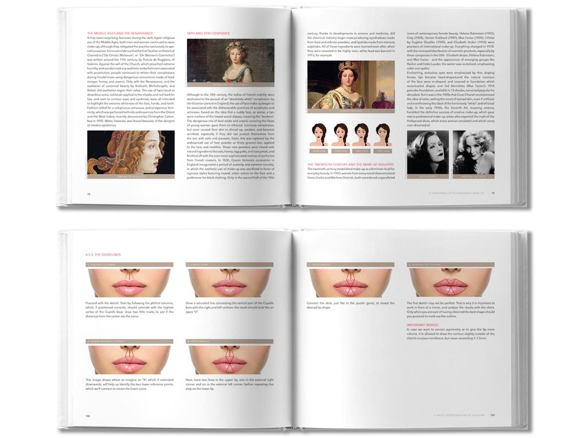 a picture of 2 spreads from amiea training book with examples of photographs and text